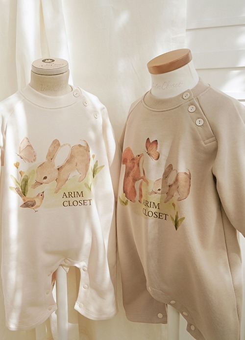 ARIMCLOSET, 토끼랑 다람쥐랑 즐거운 우리 아가의 시간 - beige / cream cute baby cotton bodysuit